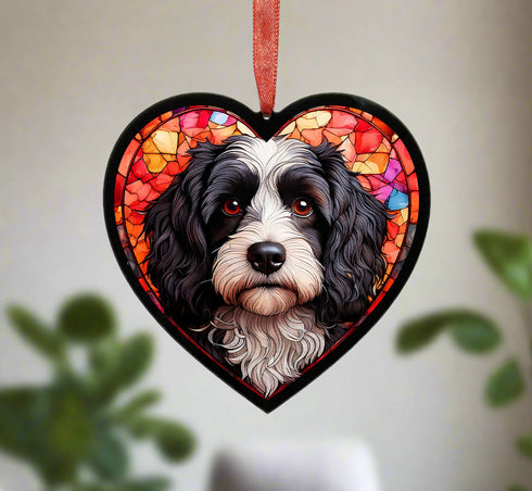Cavapoo Black & White Stained Glass Effect Heart Suncatcher